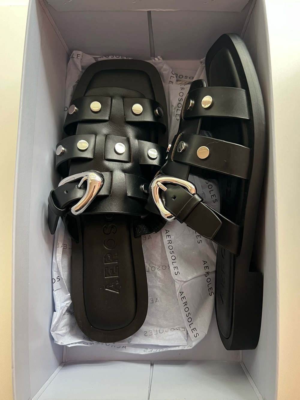 AEROSOLES Black Studded Buckle Slide Sandals